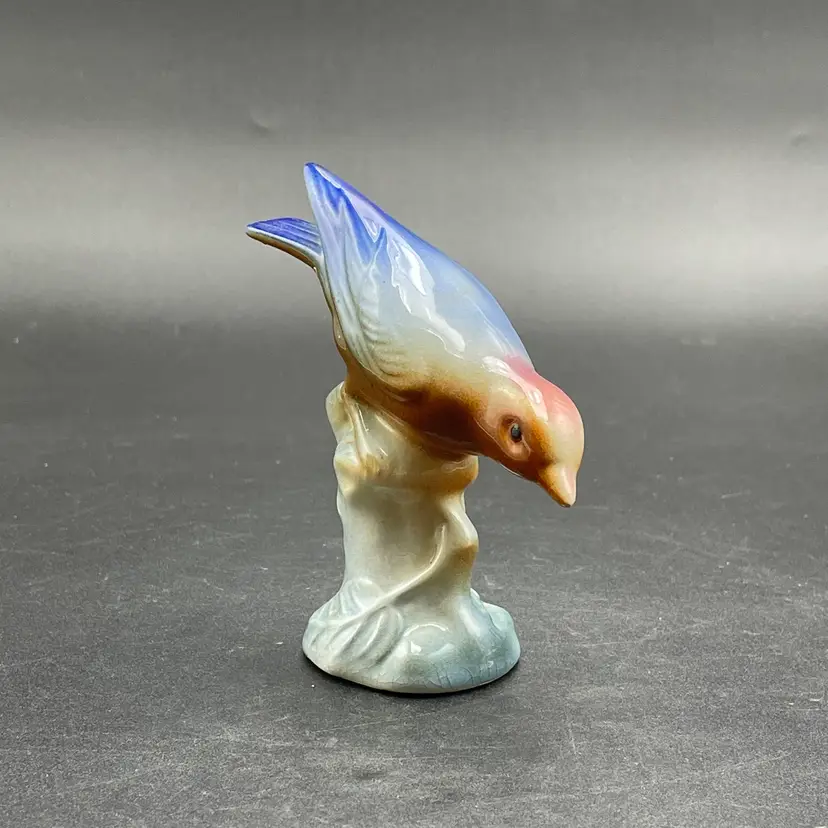 Royal Copley Blue and Pink Bird on Branch Figurine Vintage Home Decor