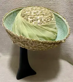 Vtg Womens Woven Cellulose Straw Deep Roll Brim Sheer Chiffon Accent Union Made