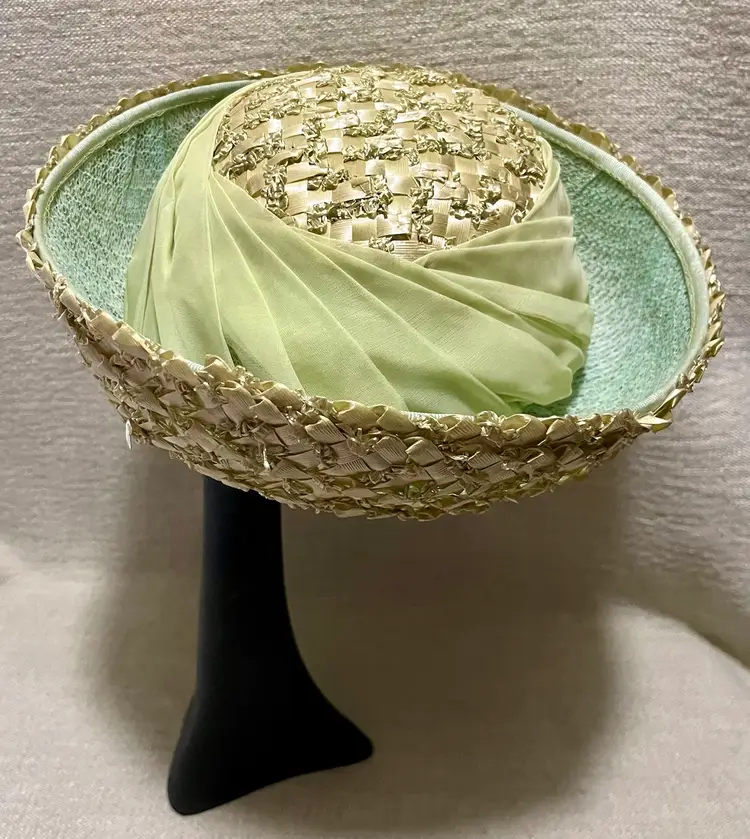 Vtg Womens Woven Cellulose Straw Deep Roll Brim Sheer Chiffon Accent Union Made