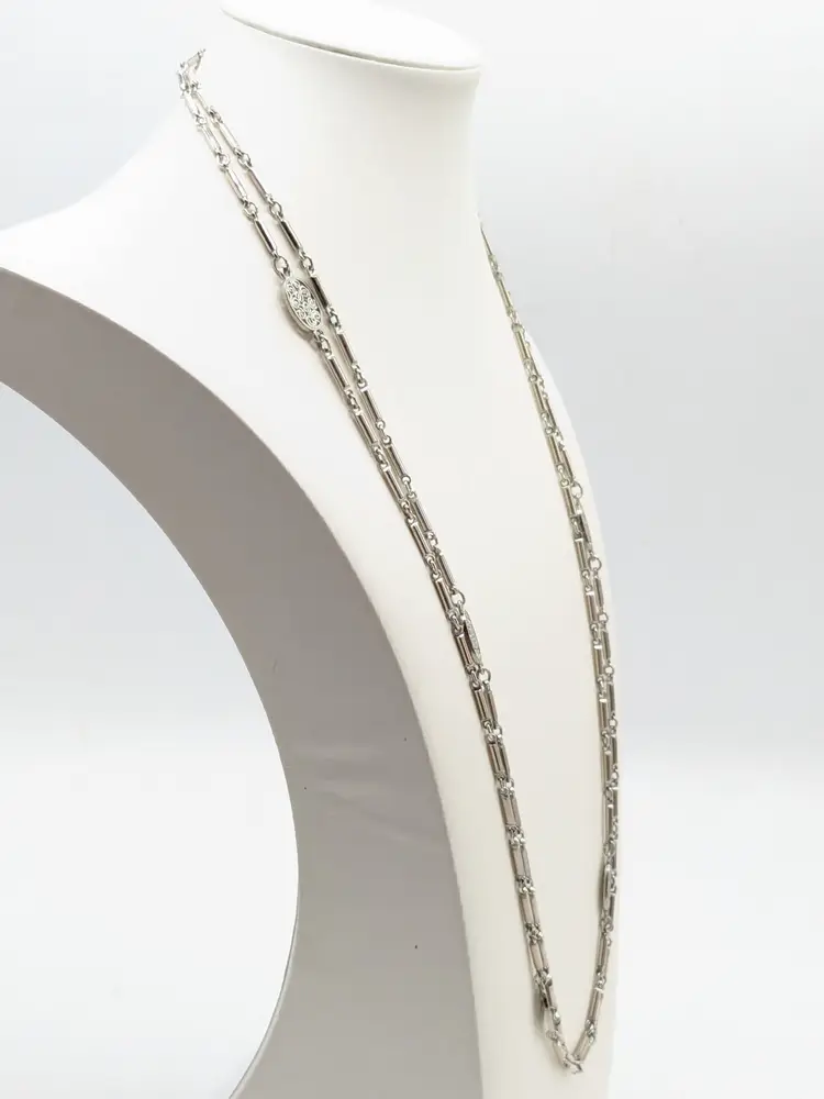 Vintage Monet Silver Tone Barrel Link Filigree Station Chain Necklace