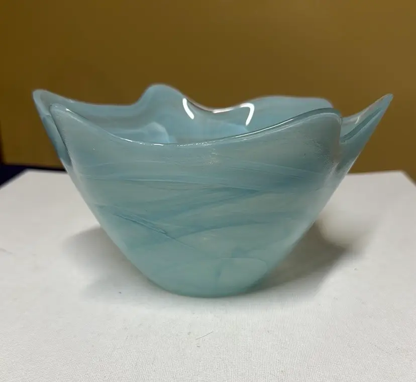 Hand Blown Art Glass Bowl Blue w/Swirls Recycled Glass 4.5" tall