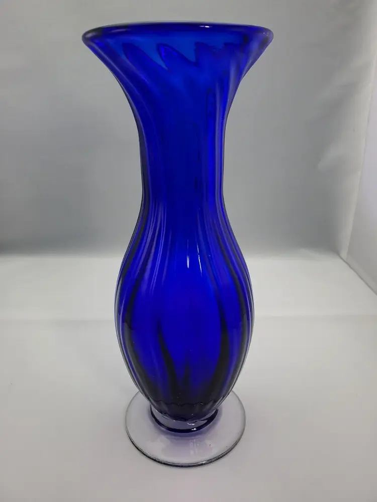 Vintage Handblown Cobalt Blue Ribbed Vase W/ Optic Swirl & Clear Base 12" Tall