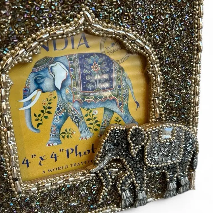 Handcrafted Seed Bead And Bejeweled Elephant 4x4 Picture Frame - Made In India