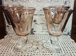 Set of 4 of Heavy Hand Blown Glass Goblets Peach Color w/ Clear Stems (read)