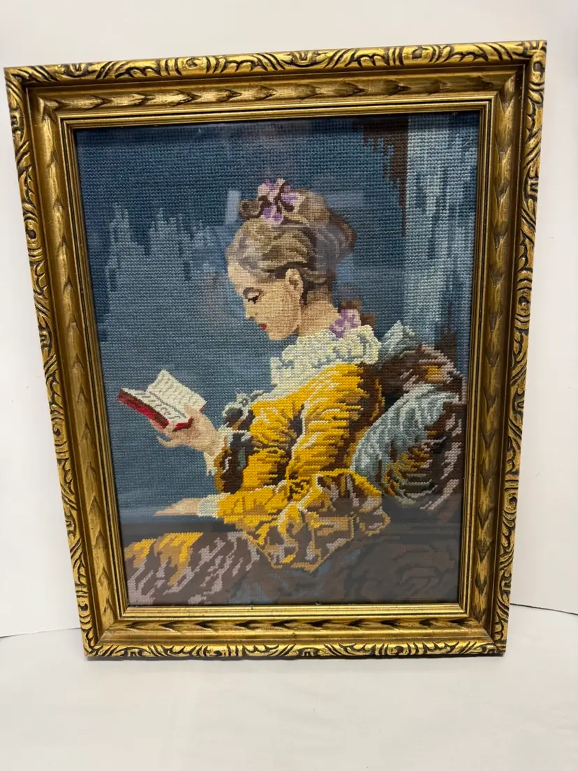 Vintage Gold Framed Jean-Honoré Fragonard “A Young Girl Reading” Needlepoint Artwork