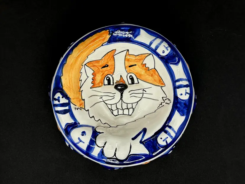 Handmade Ceramic Cat Food Bowl Orange Fish Salmon Paw Prints Hand Painted 3D