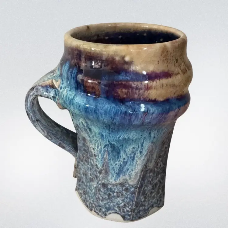 Phill Mayhew Handmade Studio Pottery Mug With A Polychrome Blue And Beige Glaze