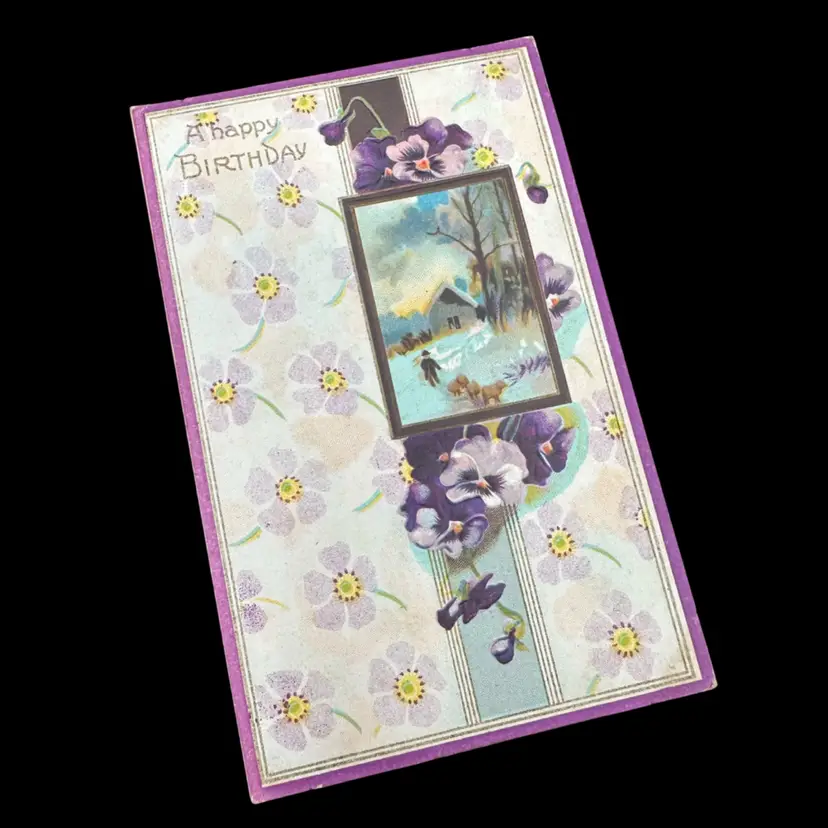 “A Happy Birthday” Purple And Yellow Floral With Sheep Vignette Antique Postcard, Unused Unposted