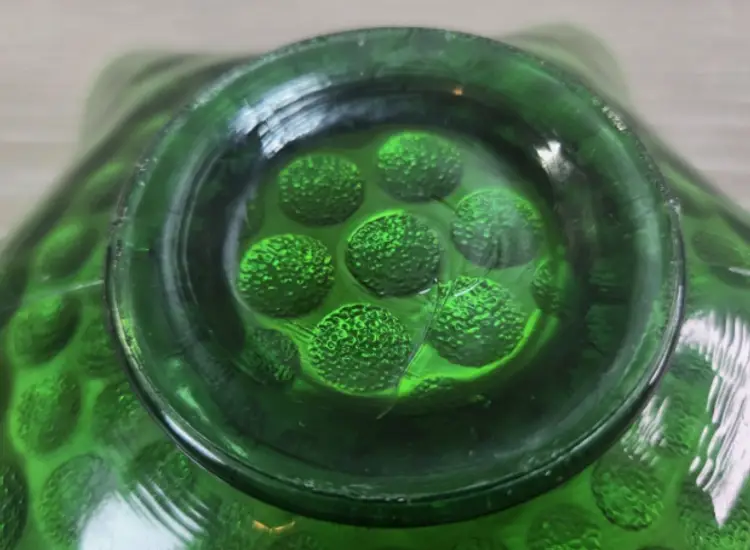 Vintage FENTON Coin Dot Carnival Glass Ruffle Edge Bowl Candy/Nut Dish Green 7”