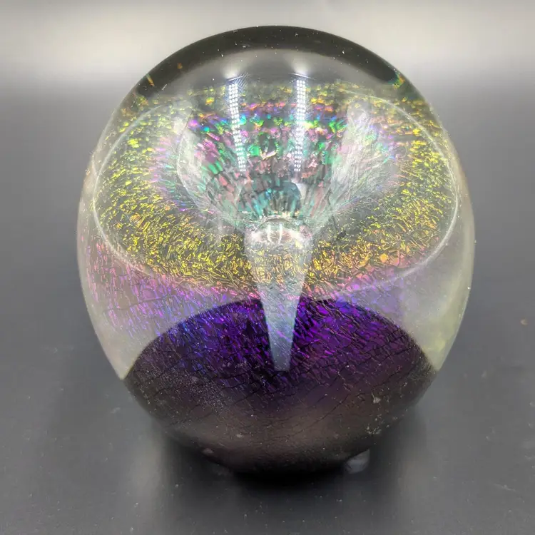 Vintage Eickholt Round Iridescent Mist Fountain Art Glass Paperweight