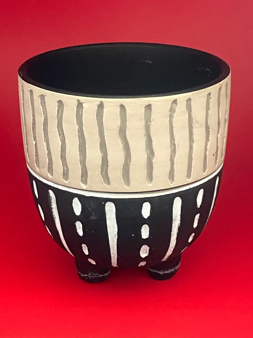 Handmade Ceramic Bowl (Black, Tan, White), 5" Tall