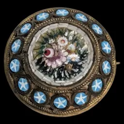 Antique Victorian Micro Mosaic Small Floral Brooch with Star Rosettes .75”
