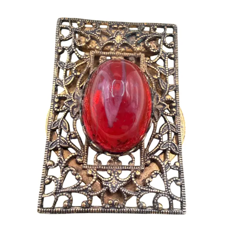 Antique Red Glass Oval Frame Stone Intricate Detailed Filigree Ladies Brooch Pin And Scarf Clip