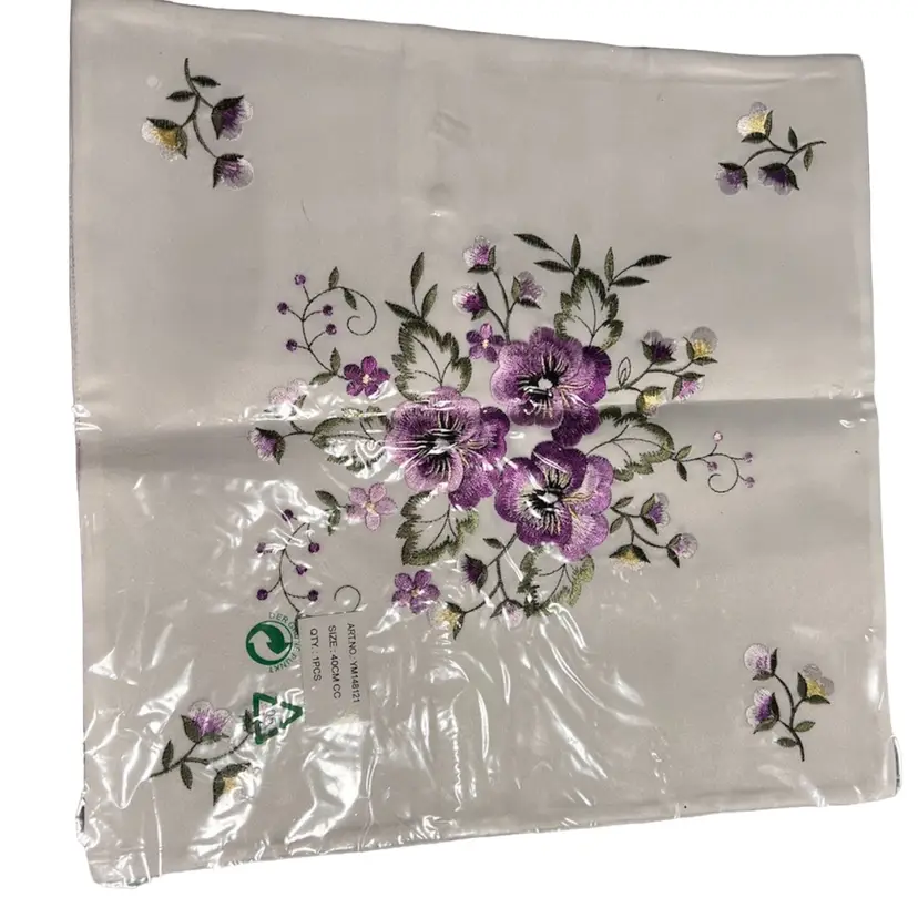 Beautiful Embroidered Pillow Case. White With Purple Floral In Center And Each Corner.