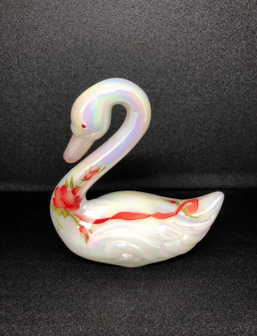 Fenton Hand-Painted by M. Lemon Iridescent Glass Swan with Roses