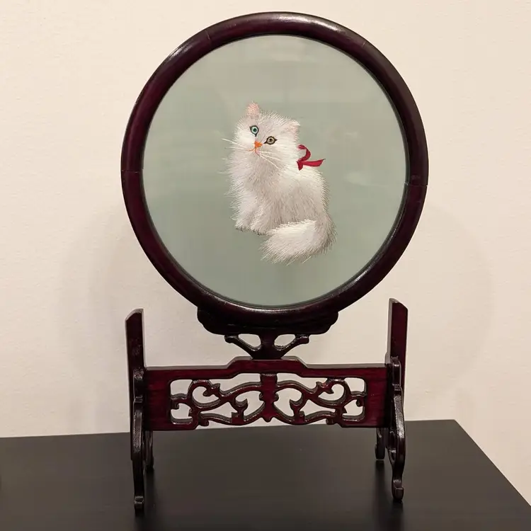 Vintage Chinese Silk Embroidered Cat Two Sided Glass Frame On Stand with Box