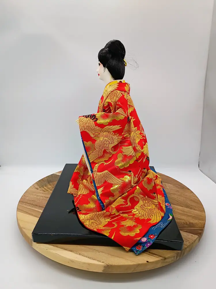 Large Japanese Geisha Seated Doll on Base Hand Painted Face Hand Sewn Kimono 12"