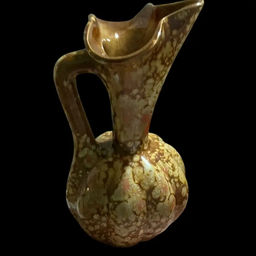 Vintage Mid~ Century Pitcher ~ Style Vase. Made By Jen Of California Pottery. Beautiful Pumpkin Base & Tall Fluted Spout With Handle. Burt Orange / Brown Color ~ High Gloss ~ Splash Glaze. Pinched Opening.