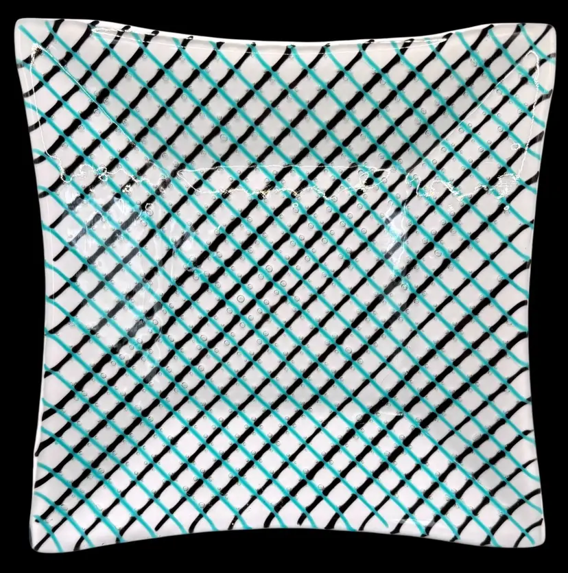 Fused Studio Art Glass Plate Platter Diamond Lattice Black White Aqua Blue 11.5”