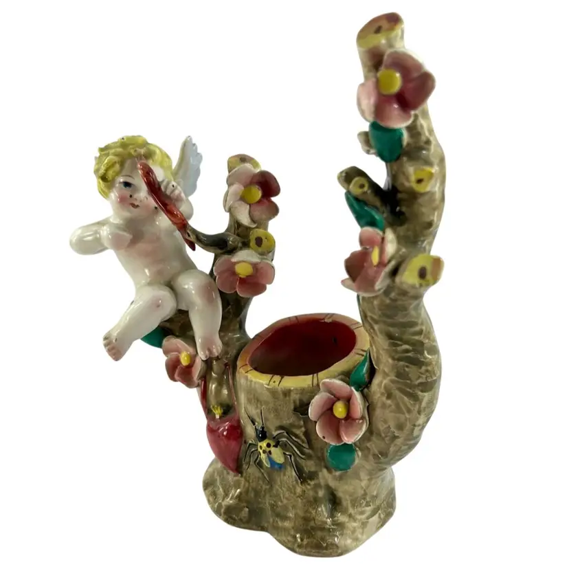 Vintage Ceramic Cupid Vase Planter With Branches & Flowers Italy