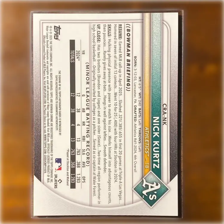 2025 Bowman Chrome Nick Kurtz Rookie Orange Mojo Refractor Auto /25 Oakland Athletics