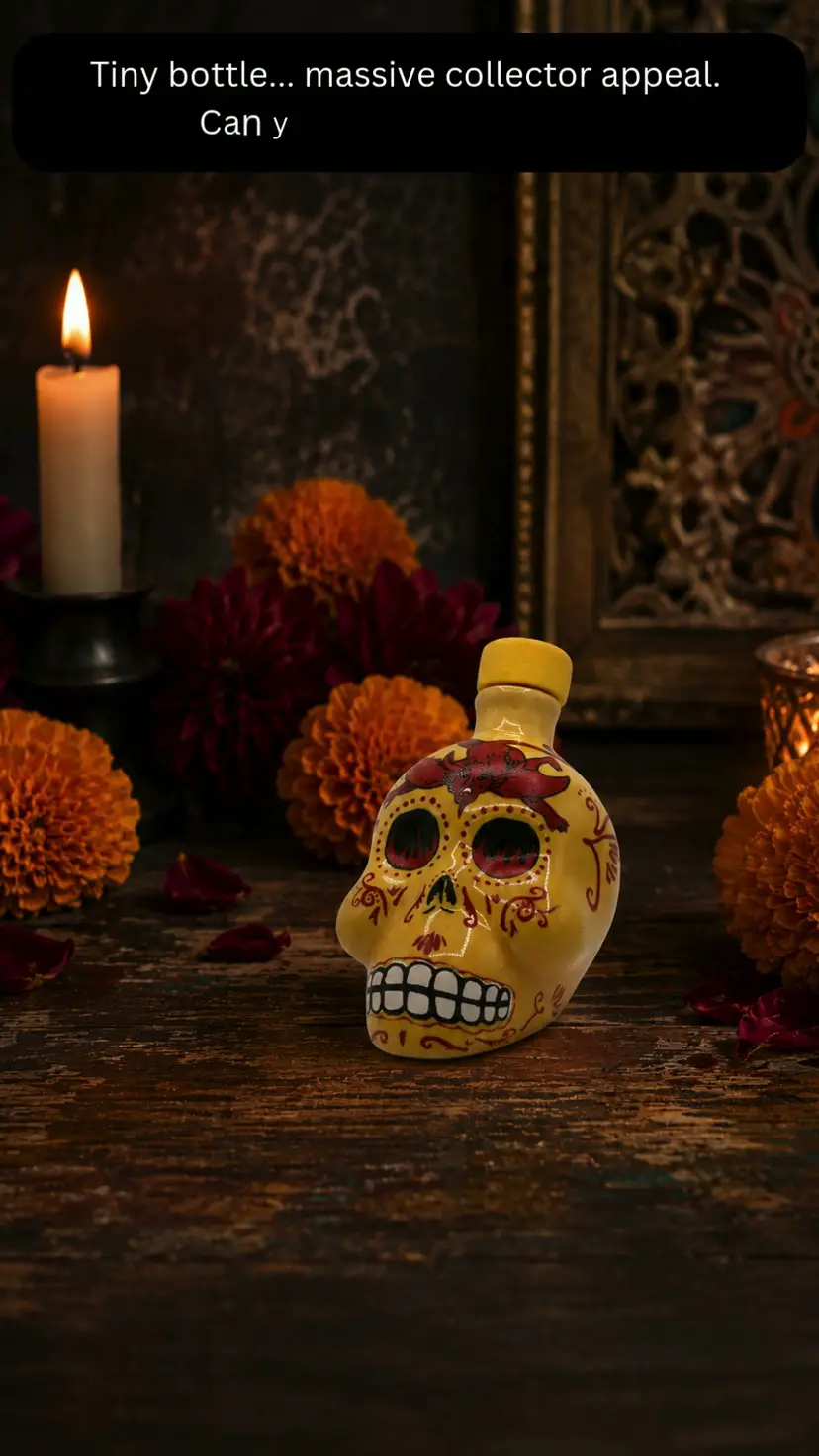 Small KAH Sugar Skull Tequila Bottle Gold Ceramic Mexico Decor EMPTY Collectible