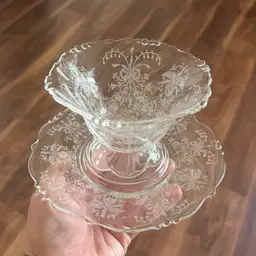 Vintage Heisey Glass Etched Orchid Pedestal Bowl & Plate Set