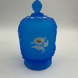 Vintage Westmoreland Blue Pedestal Satin Glass Candy Dish With Lid With A Daisy Design.  Has Small Chip On Lid.