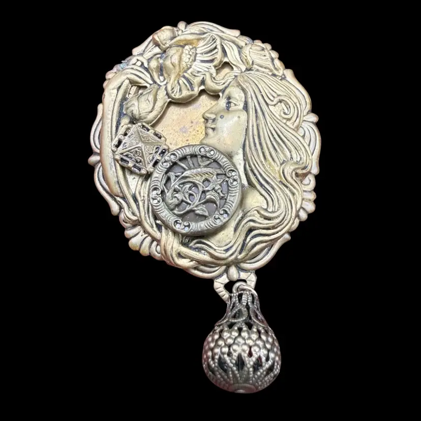 Antique Art Nouveau Repousse Lady Head Brooch | 1900s Edwardian Figural Metal Pin
