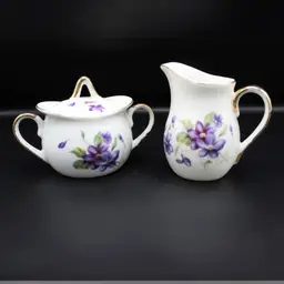 Vintage Porcelain Creamer Sugar Set by Royal Sealy Japan Purple Violet Floral