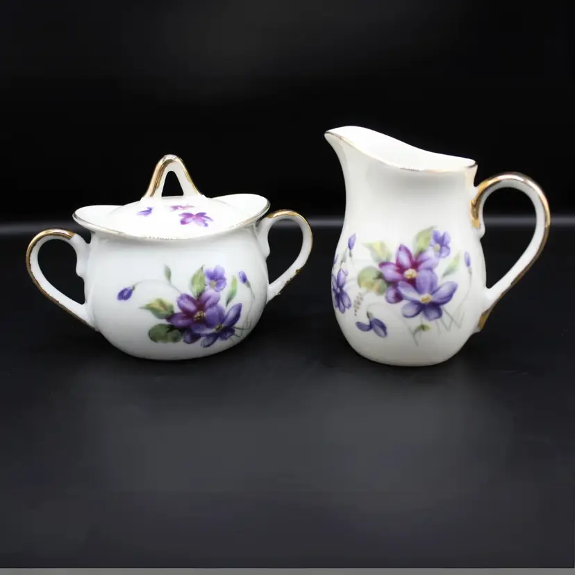 Vintage Porcelain Creamer Sugar Set by Royal Sealy Japan Purple Violet Floral