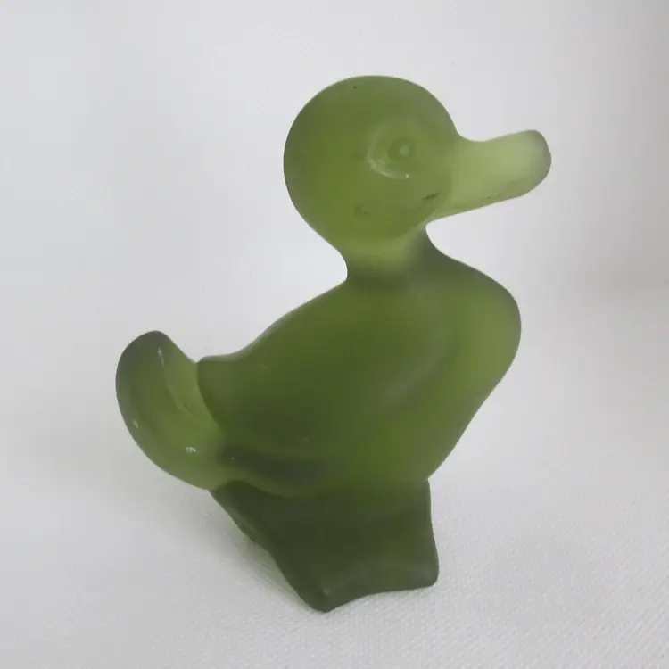 Fostoria olive green mist satin glass duck mid-century vintage artist signed VW