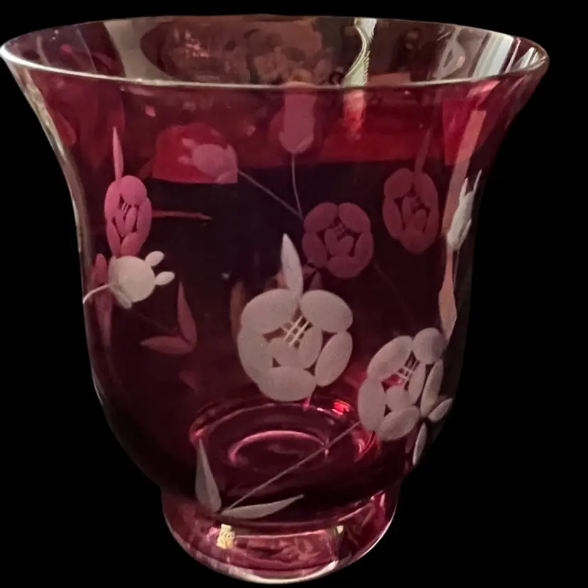 Hand Cut Royal Albert? Cranberry Etched Glass Votive Flower Vase
