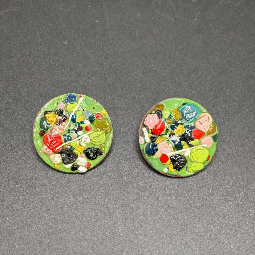 Multicolored Enamel On Copper Clip Earrings 1”