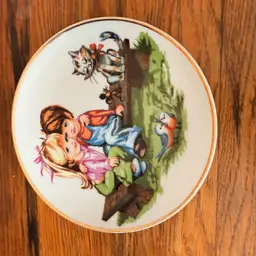 Vintage 7” Ardco Decorative Plate – Children with Kitten & Birds – Made in Japan – Nursery Décor – Kitsch Wall Plate with Gold Trim