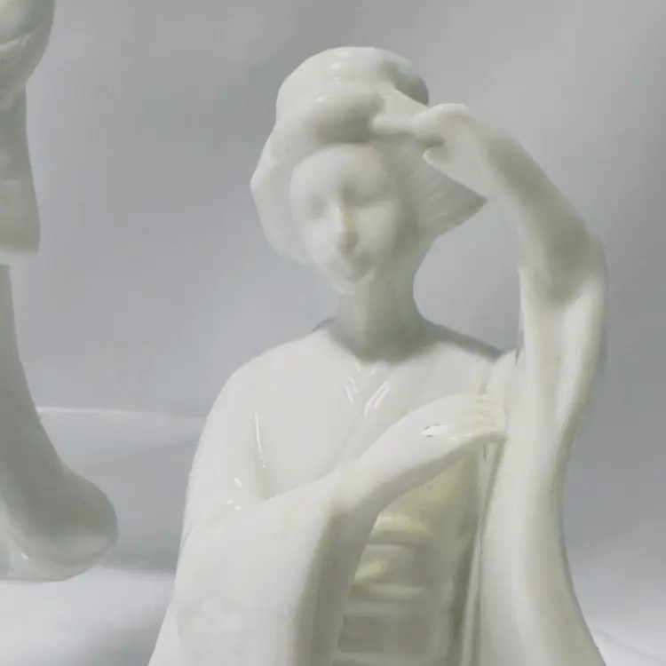 #1896 Geisha Girls Figurines, White Porcelain Statues, Homco #1443, 7' Dancing with Fans Set of 2