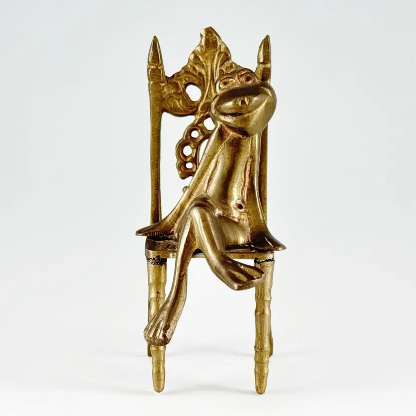 Solid Brass Frog Sitting on Ornate Chair Figurine, Vintage Made in India