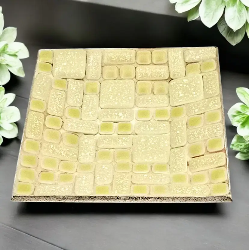 MCM Yellow Mosaic Tile Square Trinket Dish Tray Platter Gold Color Back Vtg