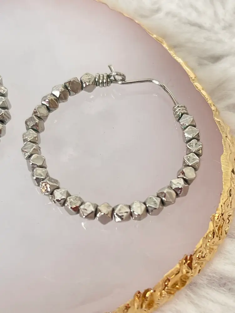 Silver-Plated Beaded Hoop Earrings – 1.5” Pierced