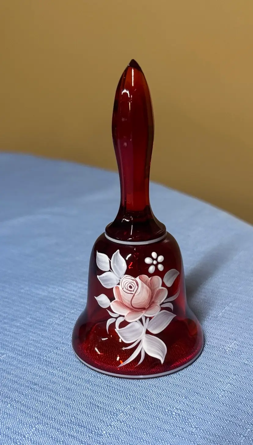 FENTON Art Glass Hand Painted Ruby BELL 1982, Signed C. Peltier, cadmium glow
