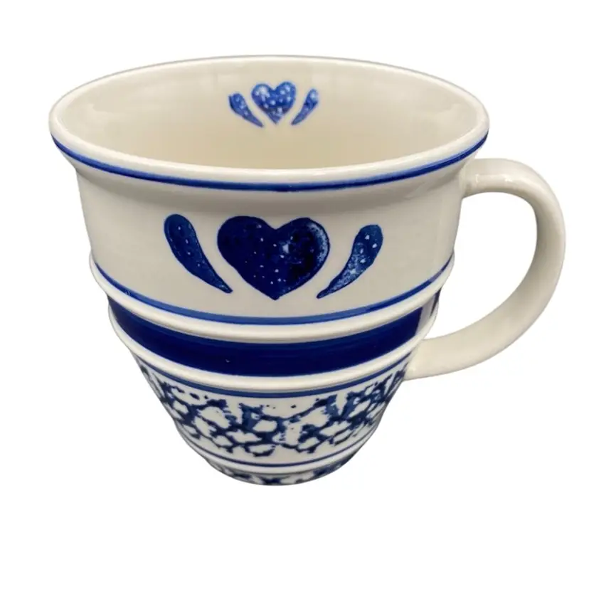 Tienshan Large Stoneware Coffee Mug, Blue Hearts & Spongeware, Banded, 16 oz.