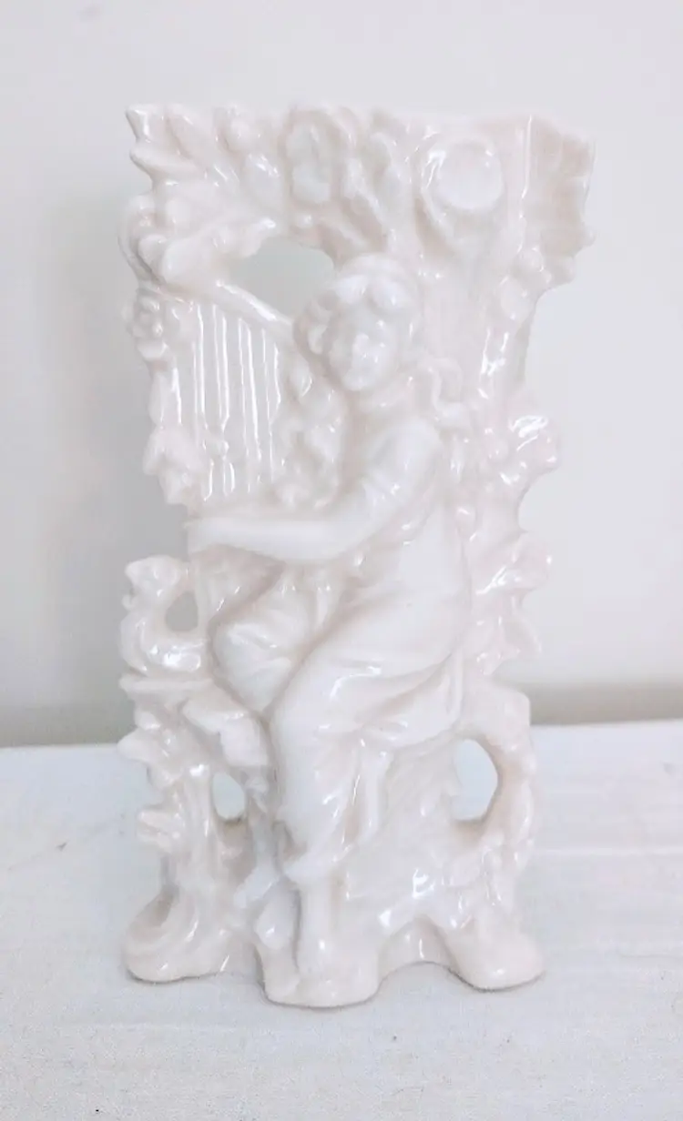 Girl with harp Ceramic bud vase - White glossy finish 6" tall