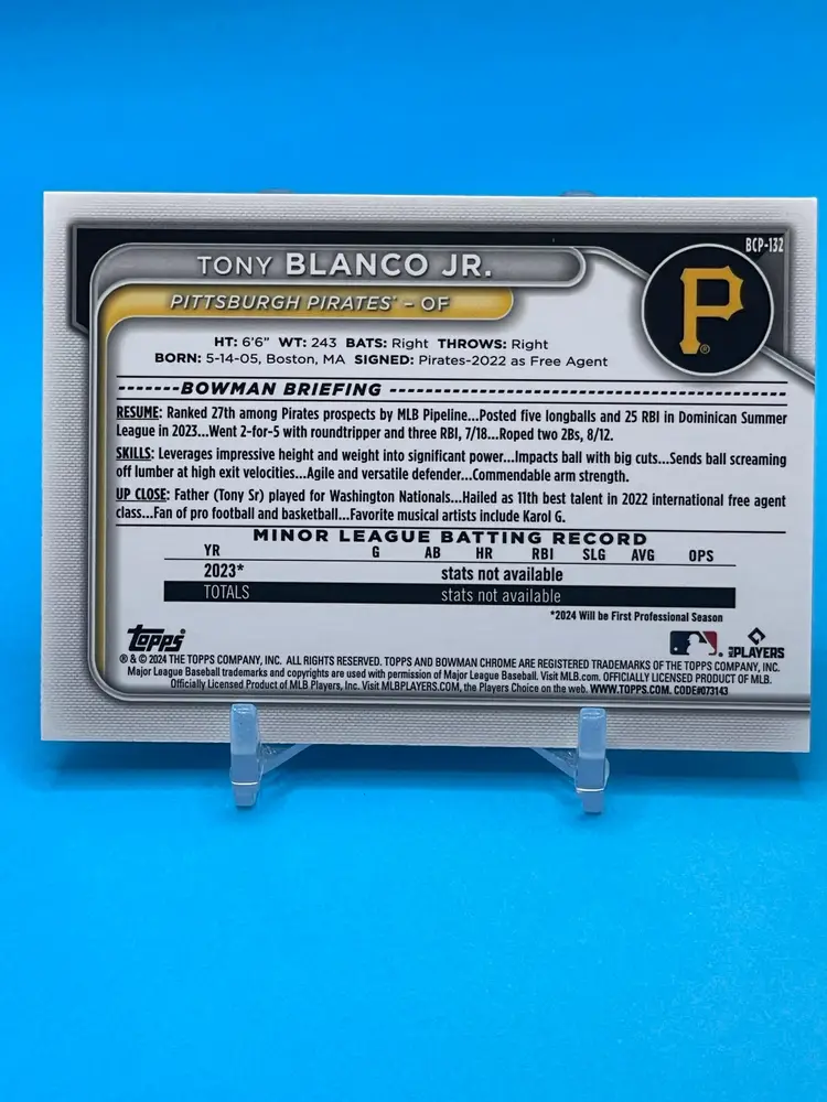 2024 Bowman Chrome Prospects Purple RayWave #/250 Tony Blanco Jr. Pittsburgh Pirates