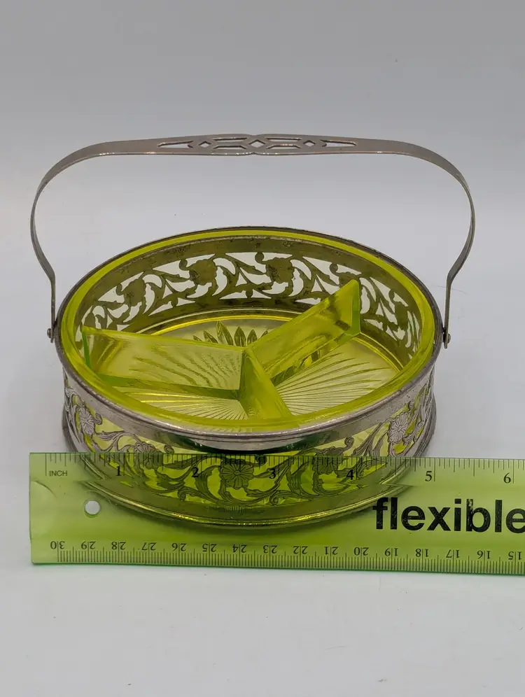 Green Depression Glass Relish Dish 3-Part Silver Basket