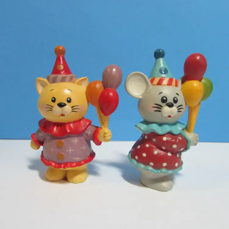 vintage Enesco Birthday figures kitty cat and mouse with party hats and balloons figurines celebration animals 1984