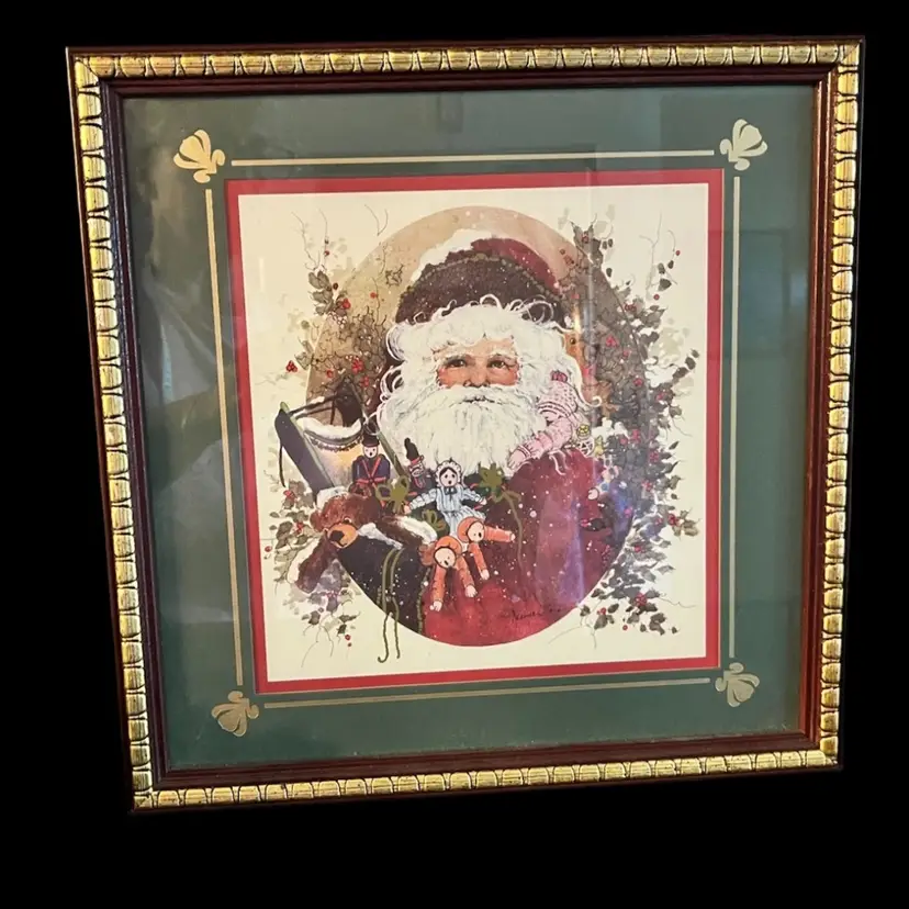 Framed- Vintage Santa Claus And Toys Print – 13.25” Square -Holiday Wall Art