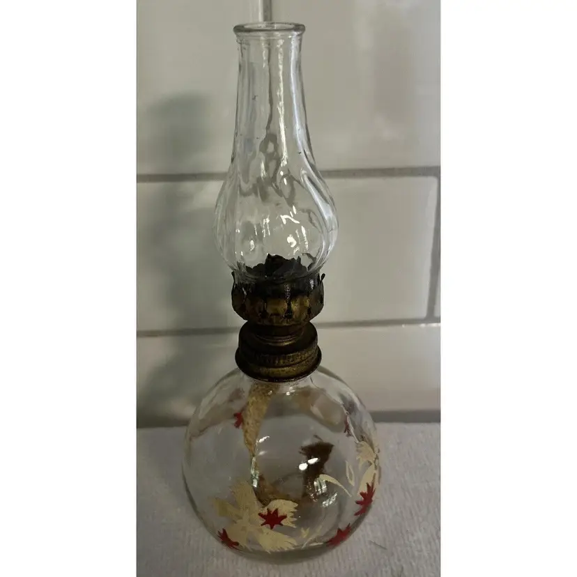 Vintage Hand Painted Clear Heavy Base Glass 7” Petite Oil Lamp