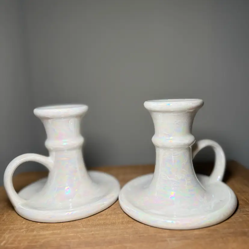Iridescent White Ceramic Chamberstick Taper Candle Holder Set