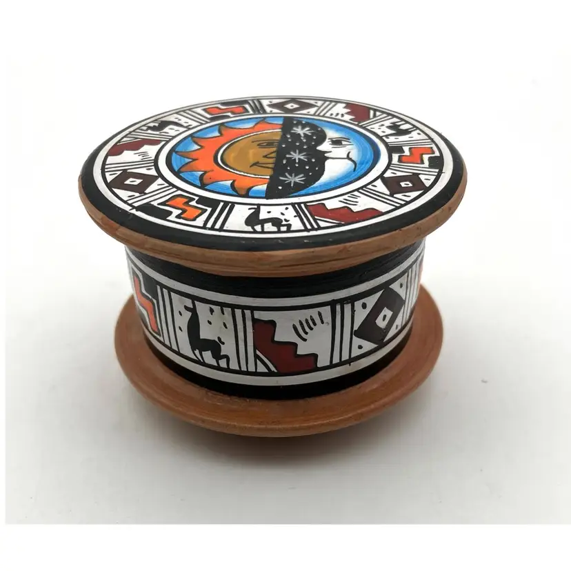 BIN - Peru Hand Painted Clay Terra Cotta Trinket Box 2.75”