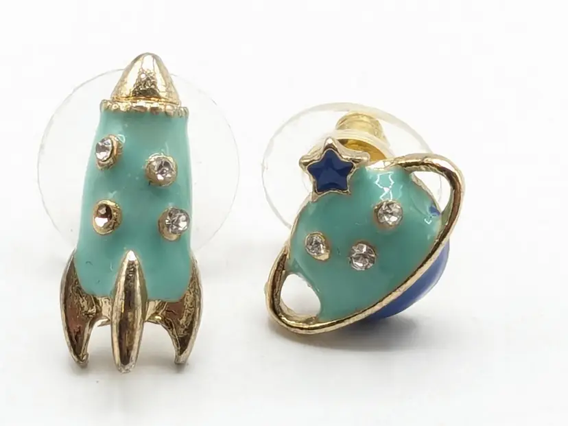 Spaceship rocket and Saturn Planet Pierced Earrings Gold Tone